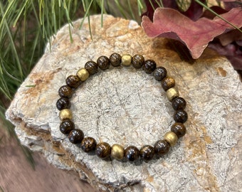 Bronzite Gemstone Bracelet, African Brass Beads