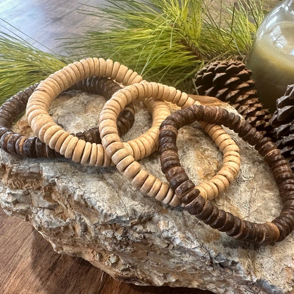 Coconut Heishi Bracelets, Wood Rondelle Beads