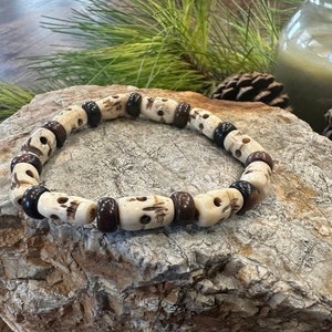 Skull Bone Mala Bracelet, Brown Rondelle Wood Beads, 8mm, Men, Unisex, Ethnic, African, Tribal, Yogi, Tibetan Wrist Jewelry