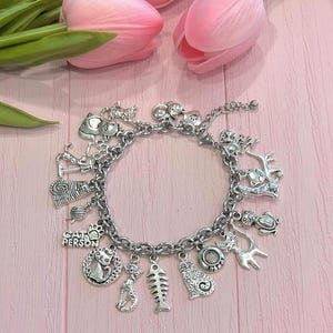 Cat Charm Bracelet, Fishbone, Paw Prints, Silver Link Chain, Stainless Steel, Kitty Lover, Feline Fashion Accessories, Animal Theme Jewelry