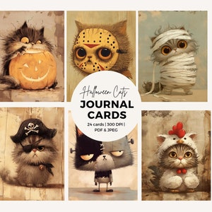 Cartões de diário de gato de Halloween caprichosos, itens efêmeros de gato, scrapbooking, diário de lixo, gatos peculiares, colagem digital, itens efêmeros de Halloween, lixo de gato