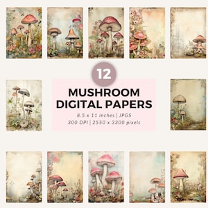 Digital Mushroom Papers - 12 Printable Mushroom Designs, 8.5x11, Scrapbooking, Junk Journal, Commercial Use, Ephemera, printable paper