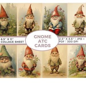 Cartes ATC gnome, imprimables, feuille de collage, éphémères de jardin, téléchargement numérique, ACEO, art IA, éphémères numériques, fournitures pour journaux indésirables, gnomes