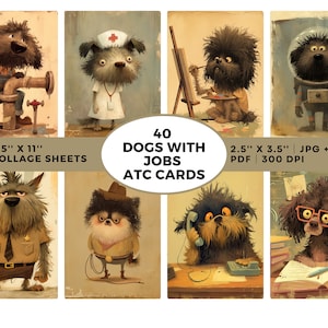 40 cães caprichosos com cartões ATC de empregos, folha de colagem para impressão, arte canina, download digital, arte AI, coisas efêmeras para cães, cartões de diário, cães peculiares