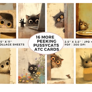 16 autres cartes ATC de petits chats, feuille de collage imprimable, art de chat, téléchargement numérique, art de l'IA, éphémères de chat, cartes de journal, chats originaux