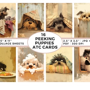 16 Whimsical Peeking Puppies ATC Cards, Printable Collage Sheet,  Dog Art, Digital Download, AI art, dog ephemera,  journal cards, quirky
