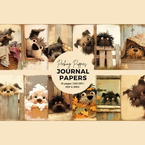 Whimsical Peeking Puppies Junk Journal Digital Paper, Dog themed junk journal pages, dog ephemera, Paper craft, collage sheet, quirky dogs