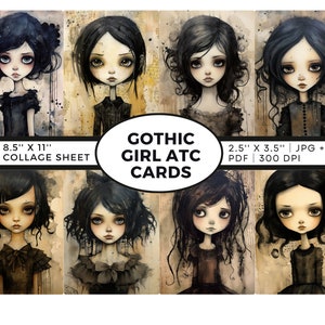 Gothic Girl ATC Cards, Printable, Collage Sheet, Gothic ephemera, Digital Download, ai art, digital ephemera, Gothic Junk Journal, Goth ATC