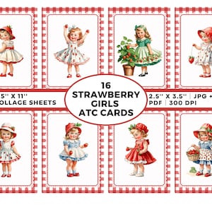 Feuille de collage fantaisie Strawberry Girls, cartes ATC imprimables, téléchargement immédiat, journal éphémères, joli thème rouge