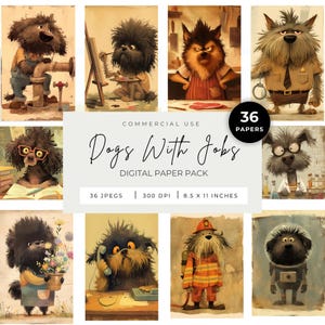 Dogs With Jobs digitaal papier: grillige junk Journal Ephemera (8,5 x 11 inch, pdf-download)