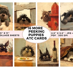 16 mais cartões ATC de filhotes de cachorro espreitando, folha de colagem para impressão, arte de cachorro, download digital, arte de IA, coisas efêmeras de cães, cartões de diário, cães peculiares