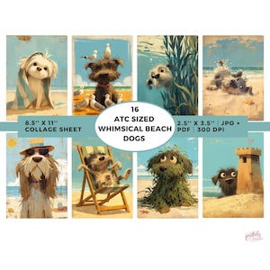 Cartões ATC de cães de praia caprichosos, folha de colagem para impressão, arte canina, download digital, arte de IA, itens efêmeros caninos, cartões de diário, ATC de verão