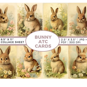 Bunny ATC Cards, Printable, Collage Sheet, Cute Rabbit Art, Digital Download, ACEO, ai art, digital ephemera, junk journal supplies