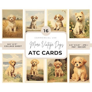 16 More Vintage Dogs ATC Cards, Printable Collage Sheet, Dog ATC, Digital Download, dog ephemera, junk journal cards, dog junk journal,