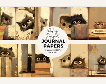Whimsical Cat Junk Journal Paper: Peeking Pussycats Collage Sheets (PDF Download)