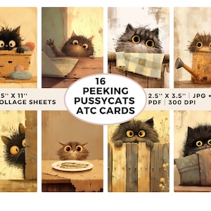16 cartes ATC Peeking Pussycats, feuille de collage imprimable, art de chat, téléchargement numérique, art de l'IA, éphémères de chat, cartes de journal, chats originaux