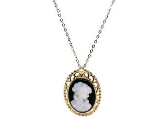 Hand carved Vintage style lady silhouette cameo pendant necklace, Mother of pearl agate necklace,  cameo jewelry