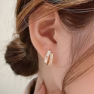Mother of pearl zircon hoop earring, Gold huggie hoop earrings, Wedding jewelry, Everyday jewelry