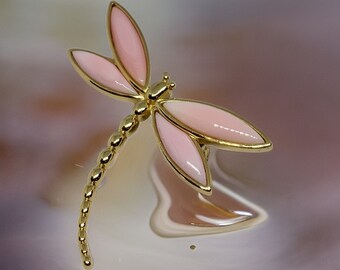 Natural pink conch dragonfly brooch, Hand carved shell art jewelry