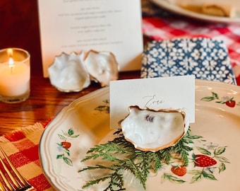 Gold Leaf Oyster Place Card Holder: Coastal Wedding Table Decor, Wedding Table Number, Table Number Stand Shell, Menu Card Holder