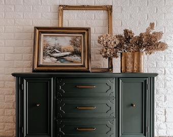 SOLD | Vintage Modern Buffet Sideboard with Carved Detail, Matte Green Dresser with Antique Gold Accents