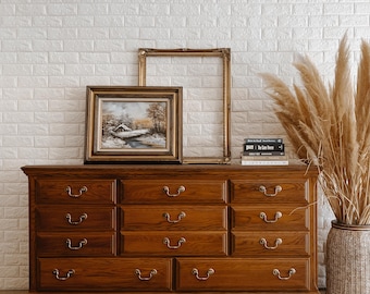 SOLD | Vintage Solid Wood Dresser with Original Brass Bail Handles, 8-Drawer Oak Wood Dresser