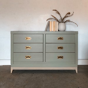 SOLD Refinished Mid Century Modern Sage / Green Dresser, Gold