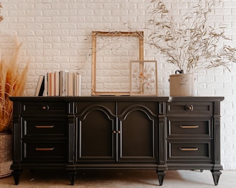 AVAILABLE | Large Vintage Mid-Century Dresser, Painted Black Sideboard Buffet Credenza TV Stand, Wood Furniture | Shipping NOT Included