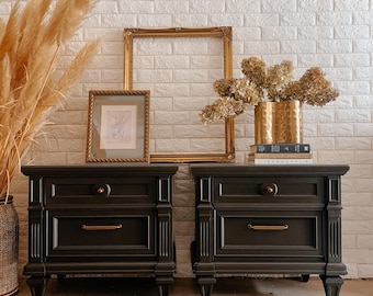 AVAILABLE | Vintage Modern Centennial Set of Warm Black Nightstands, Mid Century Modern High-End Side Tables | Shipping NOT Included