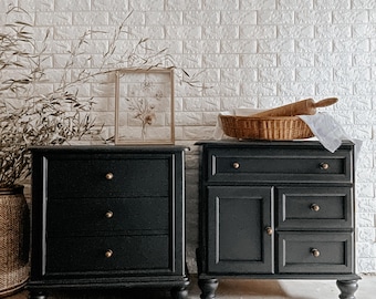 SOLD | Modern Black Nightstands with Gold Hardware, Mismatched Wood Nightstands, High-End Finish
