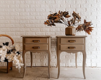 SOLD | Vintage Queen Anne Wood Nightstands with Antique Gold Cup Handles, Modern Light Wood French Provincial End Tables