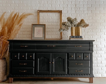 AVAILABLE | Vintage Modern Black Dresser with Antique Gold Hardware, Moody Black Buffet Table Sideboard