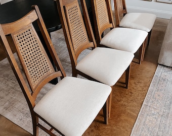 SOLD | Mid-Century Modern High-Back Dining Chairs, Vintage Set of 4 Chairs, Wicker Cane Back, White Textured Cushions