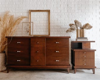 Kent Coffey Mid Century Modern Solid Wood Dresser and Nightstand, MCM Triple Dresser Buffet Entryway Table | Shipping NOT INCLUDED