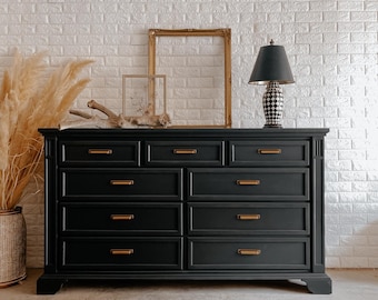 SOLD | Large Oversized Modern Black Dresser, Vintage High-End Dresser Sideboard Buffet Tv Stand