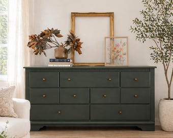 SOLD | Modern Green Dresser with Antique Gold Knobs, Vintage Moody Bedroom Furniture