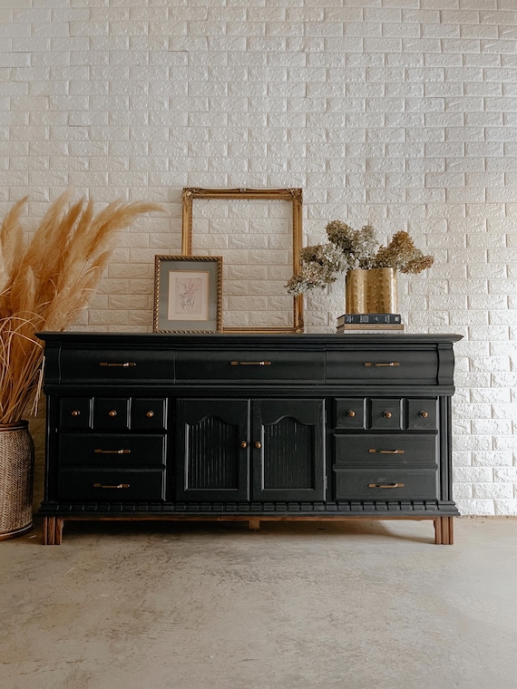 black and gold modern dresser AVAILABLE | Vintage With Antique Hardware, Moody Black Buffet Table Sideboard styleattribute-winter
