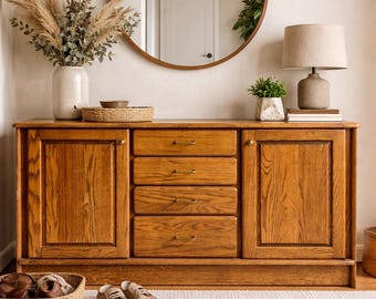 AVAILABLE | Vintage Oak Dresser Sideboard Buffet with Antique Gold Hardware, TV Stand Credenza Cabinet | Shipping NOT Included