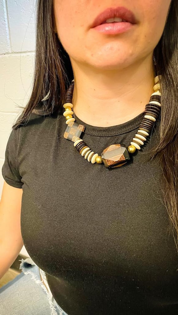 Vintage Tribal Boho Chunky Wood Necklace