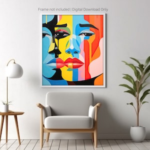May include: Abstract art print featuring two faces with geometric shapes and bold colors, including blue, yellow, red, black, and white.