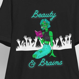 Zombie Beauty and Brains Tee, Reader Shirt, Halloween Zombie, Spooky Tshirt, Women&#39;s Halloween Top, Horror Pun