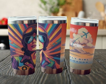 Fly Girl 20oz Tumbler, Lady Aviator, Gifts for Female Pilots, Personalized Pilot Tumbler