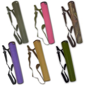 May include: Six different coloured arrow quivers with adjustable shoulder straps. The quivers are made of a durable fabric and have a zipped closure. The colours include green, pink, camouflage, purple, tan, and lime green.
