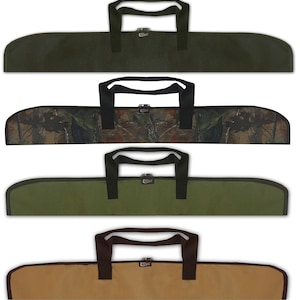 May include: Four different styles of gun cases. The cases are made of a dark green fabric with a black handle. The cases have a brown label with the word "Quest" on it. The cases are lined with a soft material to protect the gun.