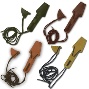 May include: Five leather arrow fletching jig tools with different colored leather and string. The tools are used to help align feathers on arrows.