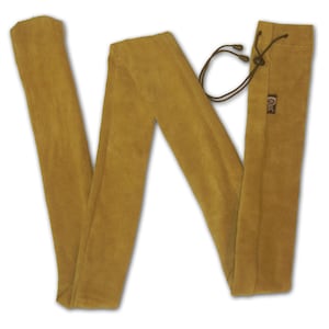 May include: Mustard-coloured suede leather carrying case with a drawstring closure. The case is long and narrow, designed to hold a long, thin object. The case has a stitched seam down the centre and a small tag with a logo.