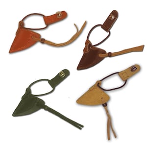 May include: Four leather knife sheaths in different colors: orange, brown, green, and tan. Each sheath has a loop for a finger and a leather strap with a button closure. The sheaths have a tassel at the bottom.