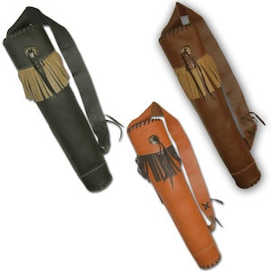 May include: Two leather arrow quivers with fringe and straps. One is brown and the other is green.