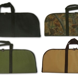 May include: Four different colored bow cases with black handles and zippers. The cases are made of a soft, durable fabric. The colors are black, camouflage, green, and tan.