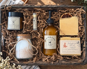 Luxury Goat Milk Soap Spa Gift Set for Her Lotion Bath Salt Gift Box Skincare Self Care Gift Handmade Basket Gift Woman Tallow Balm Present